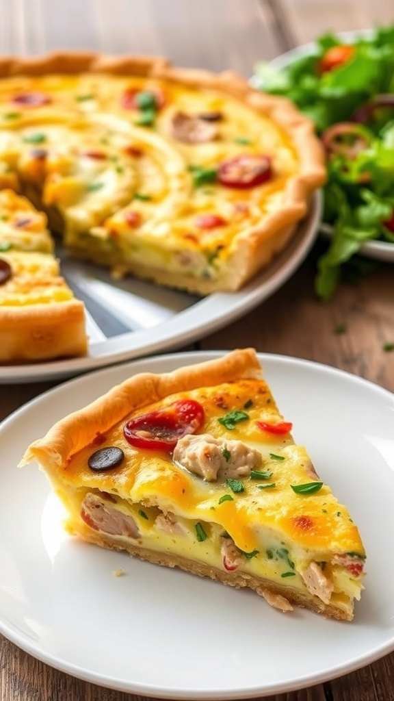 A slice of tuna quiche on a plate, highlighting the flaky crust and creamy filling with herbs.